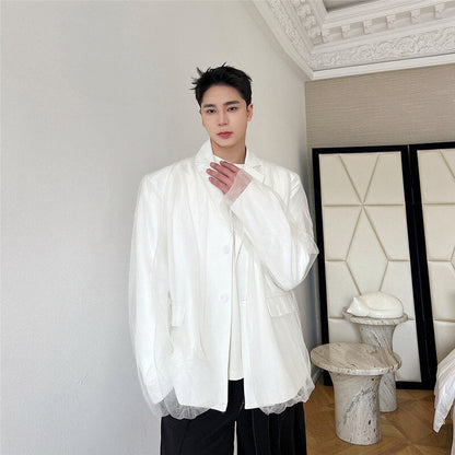 sanyamk IEFB New Trend Mesh Patchwork Suit Jacket Male Balzers Lapel Solid Color Niche Design Men's Clothing Single Breasted Top 9A7670