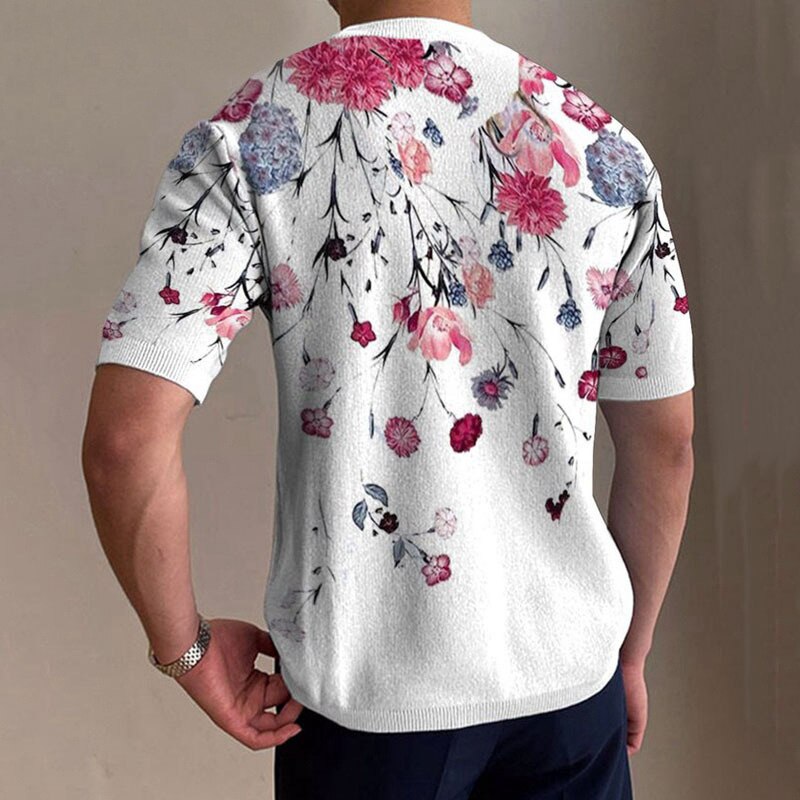 Bonsir Vintage Floral Printing Mens Slim Tops 2023 Summer Short Sleeve Crew Neck Pullover Tees Fashion Clothing Men Streetwear T-shirts