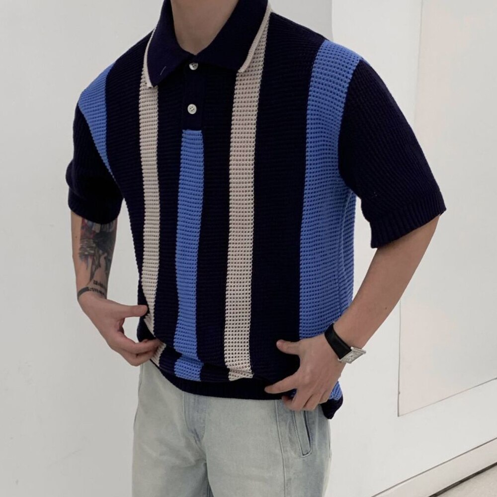 sanyamk Summer Men's Polo Shirt Short Sleeves Casual T-Shirts Knitwear Retro Stripes Y2k Streetwear Hollow Pullover Tops LGBT Clothing