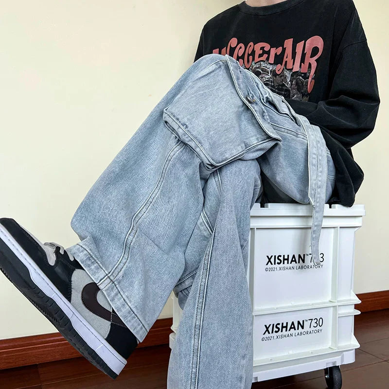 sanyamk Multi-pocket American work clothes jeans Men's autumn and winter fashion brand ruffian handsome hip-hop high street loose