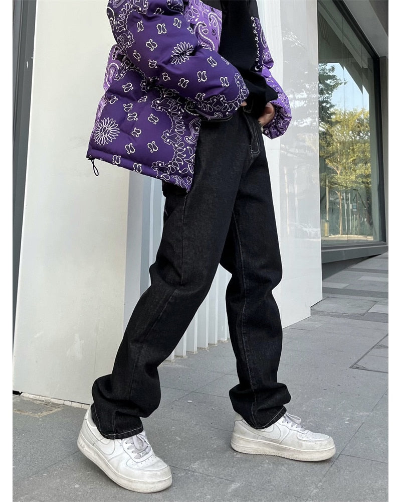 sanyamk Men's Y2k Jeans Cashew Flowers Purple Streetwear Casual Pants Punk Hip Hop Letter Print Baggy Harajuku Straight Denim Trousers