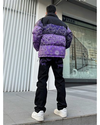 sanyamk Men's Y2k Jeans Cashew Flowers Purple Streetwear Casual Pants Punk Hip Hop Letter Print Baggy Harajuku Straight Denim Trousers