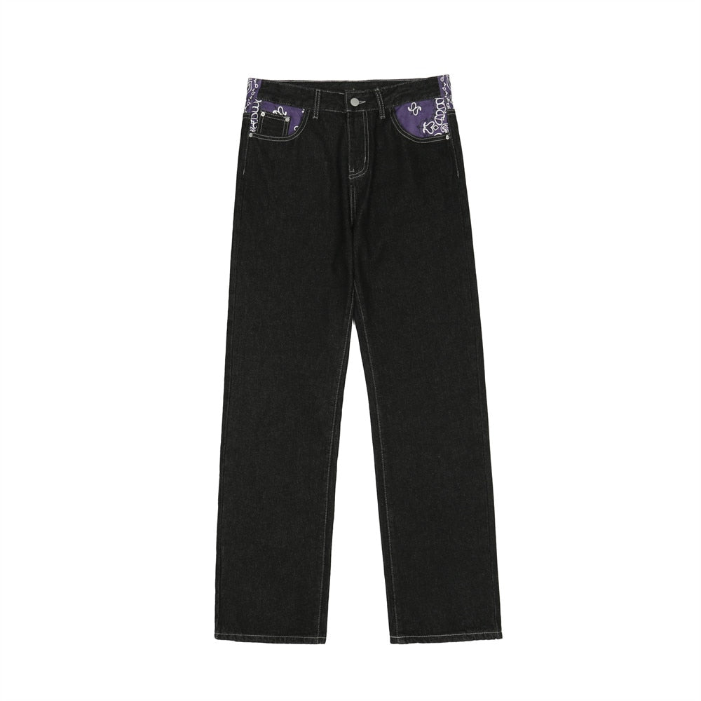 sanyamk Men's Y2k Jeans Cashew Flowers Purple Streetwear Casual Pants Punk Hip Hop Letter Print Baggy Harajuku Straight Denim Trousers