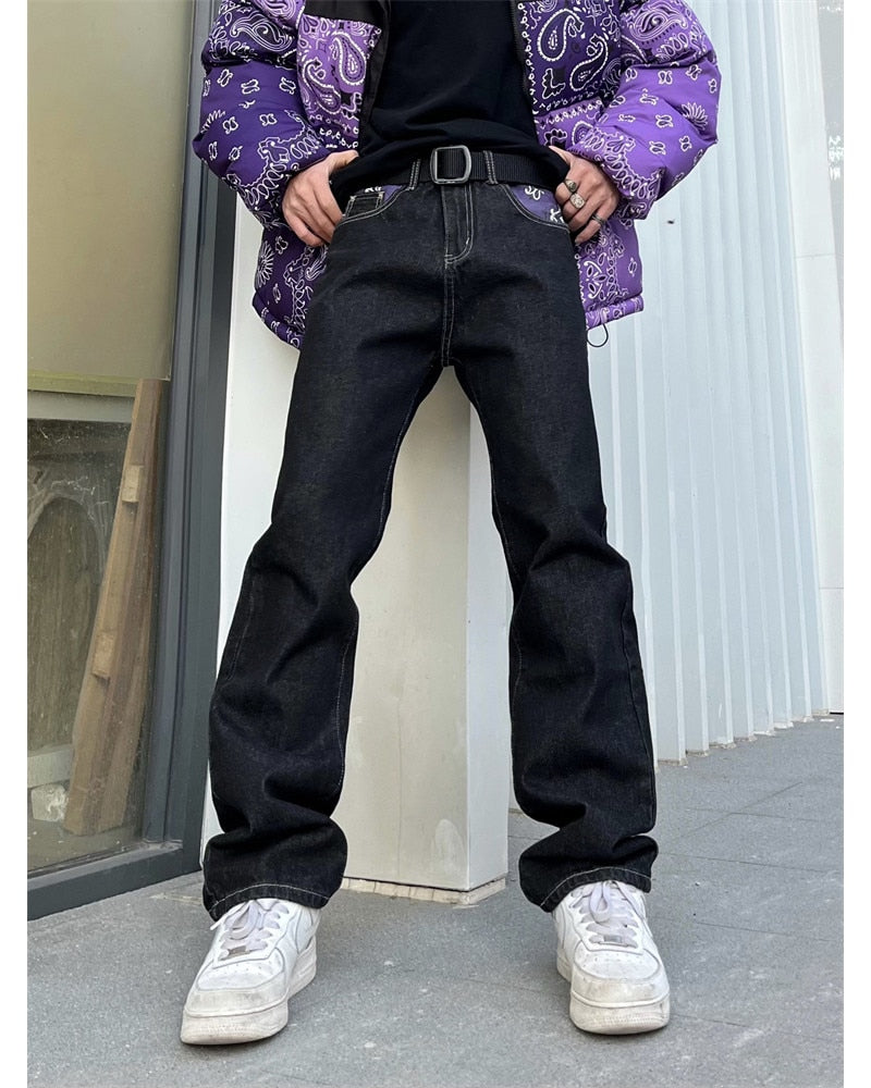 sanyamk Men's Y2k Jeans Cashew Flowers Purple Streetwear Casual Pants Punk Hip Hop Letter Print Baggy Harajuku Straight Denim Trousers