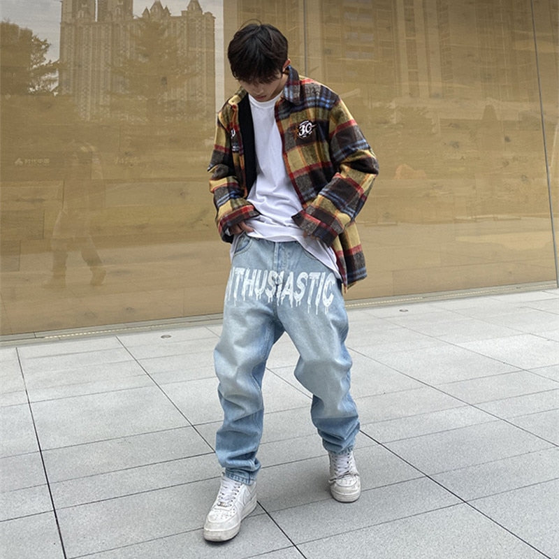 Bonsir Jeans With Print Letter Baggy Streetwear Straight Leg Y2k Blue Hip Hop Jean Vintage Men Man Pants FASHION Trendyol Denim Men's