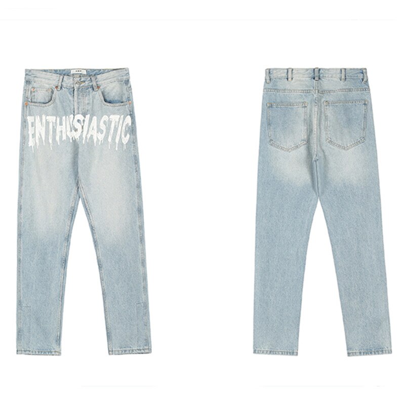 Bonsir Jeans With Print Letter Baggy Streetwear Straight Leg Y2k Blue Hip Hop Jean Vintage Men Man Pants FASHION Trendyol Denim Men's