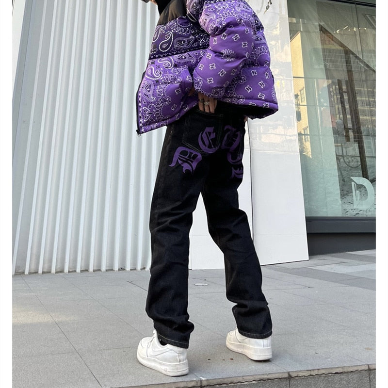 sanyamk Men's Y2k Jeans Cashew Flowers Purple Streetwear Casual Pants Punk Hip Hop Letter Print Baggy Harajuku Straight Denim Trousers