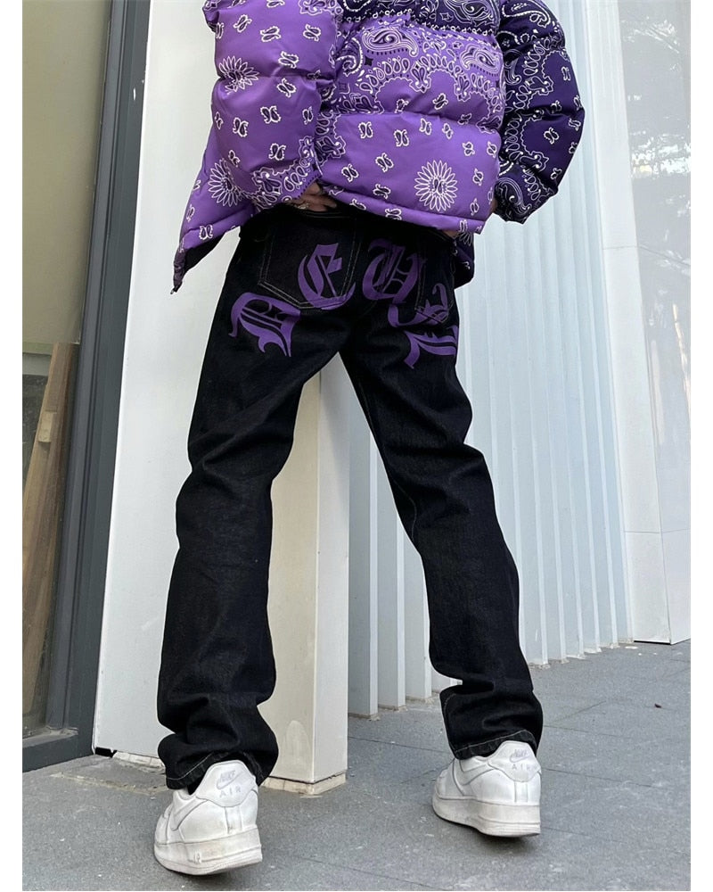 sanyamk Men's Y2k Jeans Cashew Flowers Purple Streetwear Casual Pants Punk Hip Hop Letter Print Baggy Harajuku Straight Denim Trousers