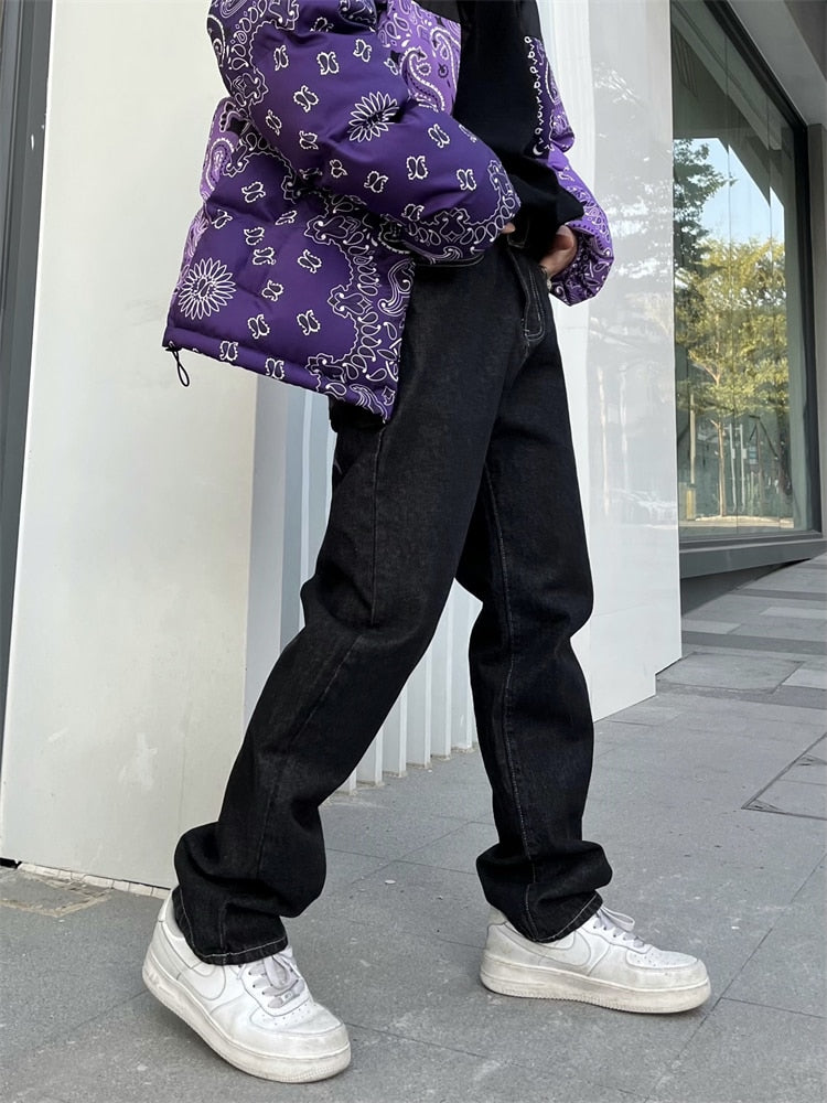 sanyamk Men's Y2k Jeans Cashew Flowers Purple Streetwear Casual Pants Punk Hip Hop Letter Print Baggy Harajuku Straight Denim Trousers