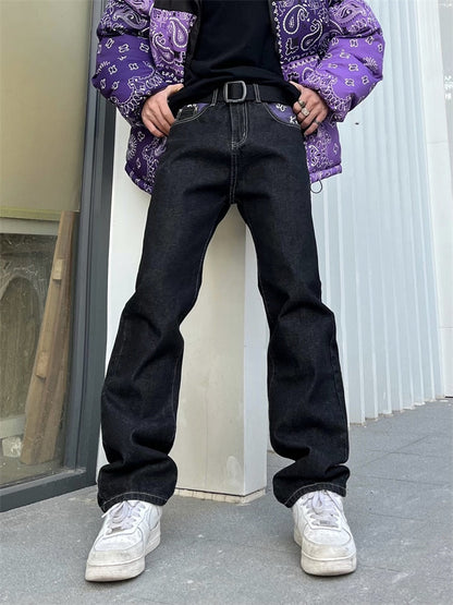 sanyamk Men's Y2k Jeans Cashew Flowers Purple Streetwear Casual Pants Punk Hip Hop Letter Print Baggy Harajuku Straight Denim Trousers