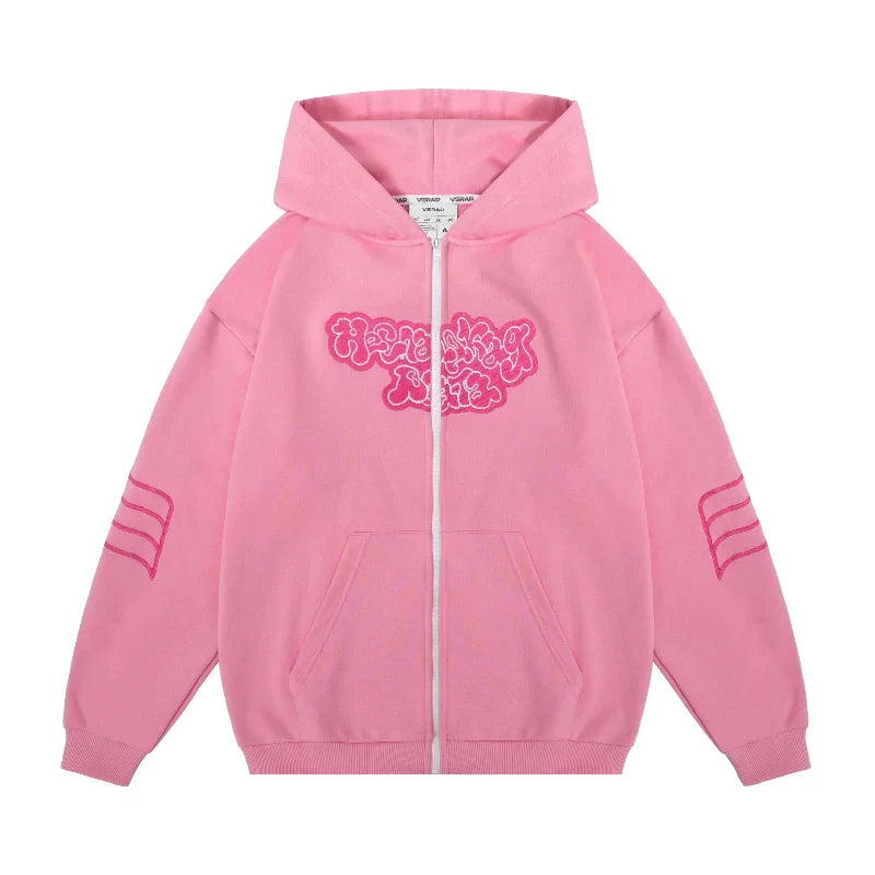 sanyamk Y2K Fashionable Retro Zipper Hoodie Street Top Pink Embroidered Letters Oversized fall Hip Hop High Street Men Women Sweatshirts