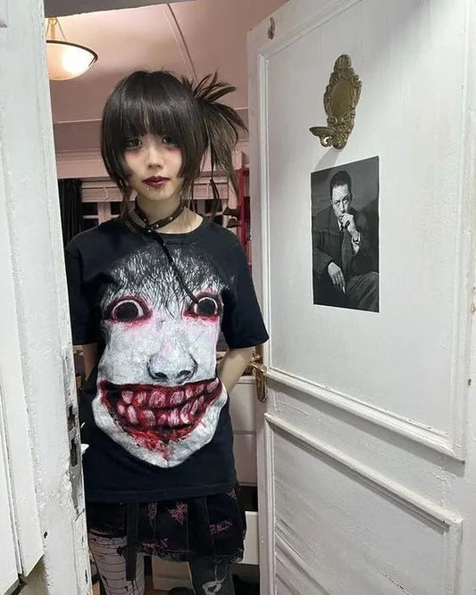 sanyamk Y2k Harajuku Vintage Aesthetic Terror Print Oversized Graphic T Shirts Casual Summer Gothic Fashion GrungeTops Women T-shirts