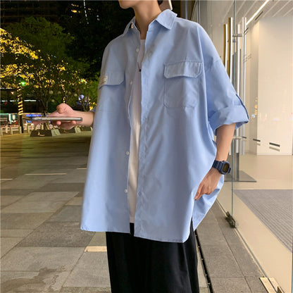 sanyamk Workwear Shirt Men's Short Sleeve Summer Ice Silk Thin Shirt 2024 Loose Half Sleeve Top Coat