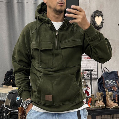 sanyamk Spring Autumn Vintage Mens Hoodie Multi Pocket Long Sleeve Half Zip Hooded Pullover Streetwear Fashion Casual Sweatshirts Male