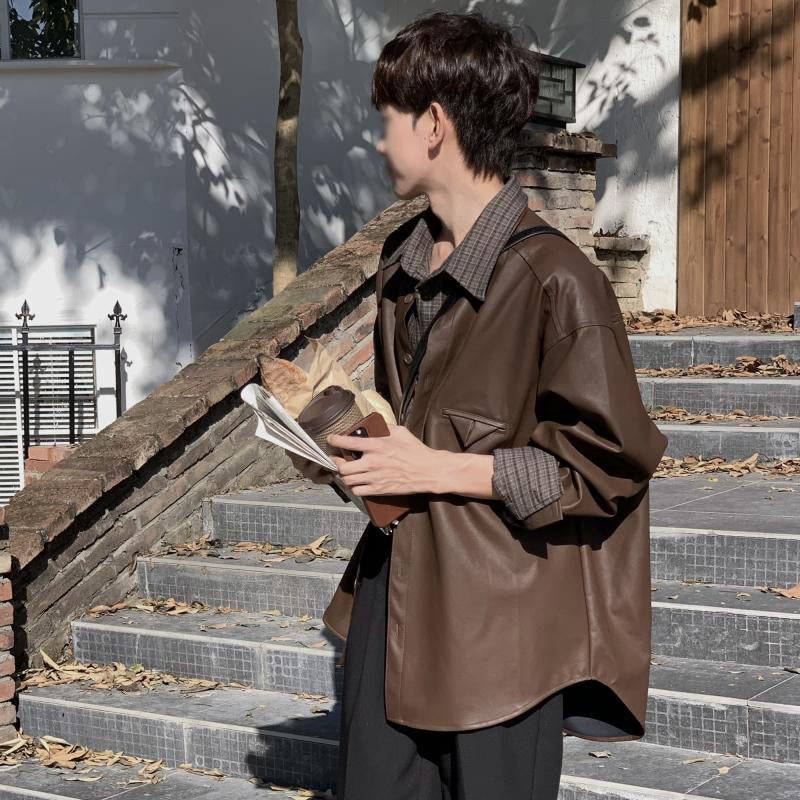 sanyamk Korean Retro Leather Coat For Men Advanced Vintage Brown Leather Shirt Top Spring Autumn Trendy Long Sleeve PU Jacket Streetwear