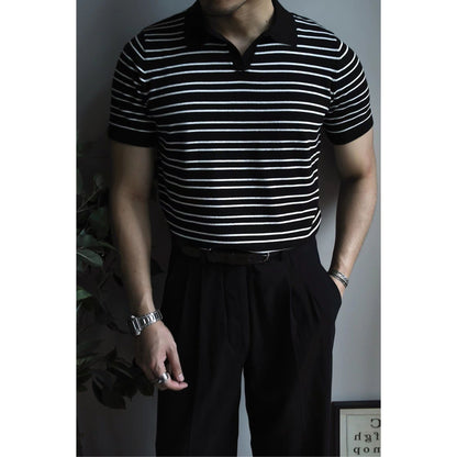 sanyamk Light Mature Korean Style Men's Shirt Casual Striped Pullover Polo Shirt Trendy Ins Summer Short Sleeve Sweater T-shirt