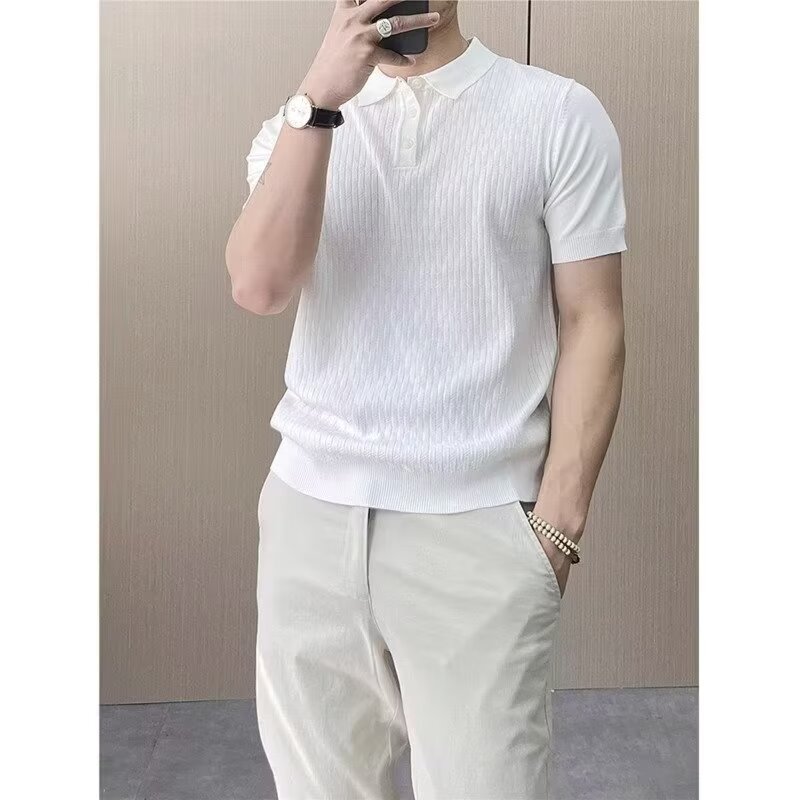 sanyamk Men's Summer Ice Silk Breathable Knitted Polo Shirt Lapel Fashion Hollow High Elastic Short Sleeve T-shirt