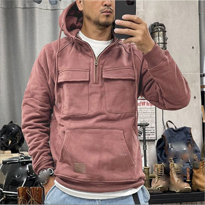 sanyamk Spring Autumn Vintage Mens Hoodie Multi Pocket Long Sleeve Half Zip Hooded Pullover Streetwear Fashion Casual Sweatshirts Male