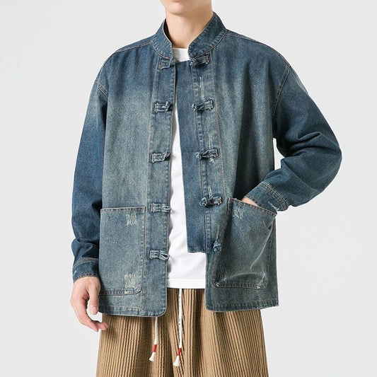 sanyamk Retro Chinese Style Washed Denim Jacket For Men Spring Autumn Long Sleeved Stand Collar Top Fashion Vintage Ethnic Shirts Coat