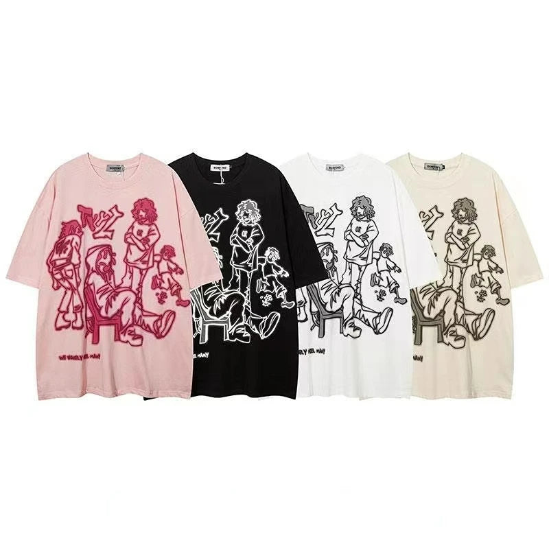 sanyamk Y2K Hip Hop Figure Printed T Shirt Tide Play Printed Oversized Tops New Harajuku Fashion Casual All Match Loose Tops Streetwear