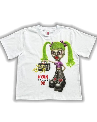 sanyamk Vintage Hip Hop Street Trend Classic  T-shirt Harajuku Aesthetic Loose Short Sleeve Couple Cartoon Print Top Y2K Kawaii Clothes