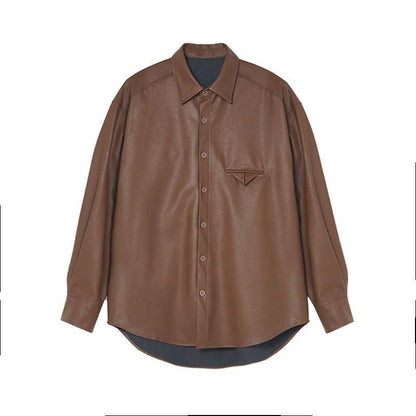 sanyamk Korean Retro Leather Coat For Men Advanced Vintage Brown Leather Shirt Top Spring Autumn Trendy Long Sleeve PU Jacket Streetwear