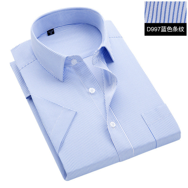 sanyamk Summer S~8xl men&#39;s striped short sleeve dress shirt square collar non-iron regular fit anti-wrinkle  pocket  male social shirt