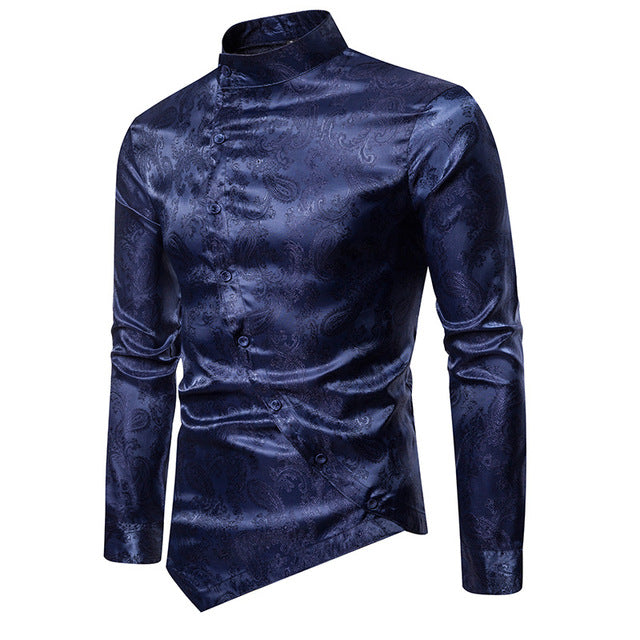 sanyamk Spring Autumn Irregular Shirts Men Dress Glossy Floral Printed Stand Collar Long Sleeve Camisa Social Shirts Male Streetwear XXL