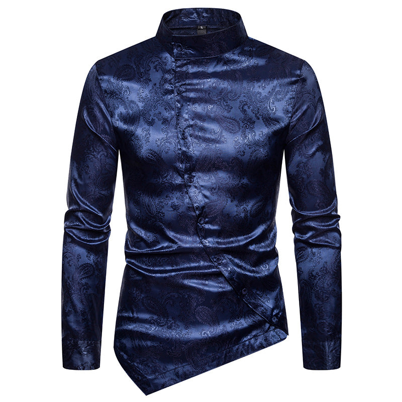 sanyamk Spring Autumn Irregular Shirts Men Dress Glossy Floral Printed Stand Collar Long Sleeve Camisa Social Shirts Male Streetwear XXL