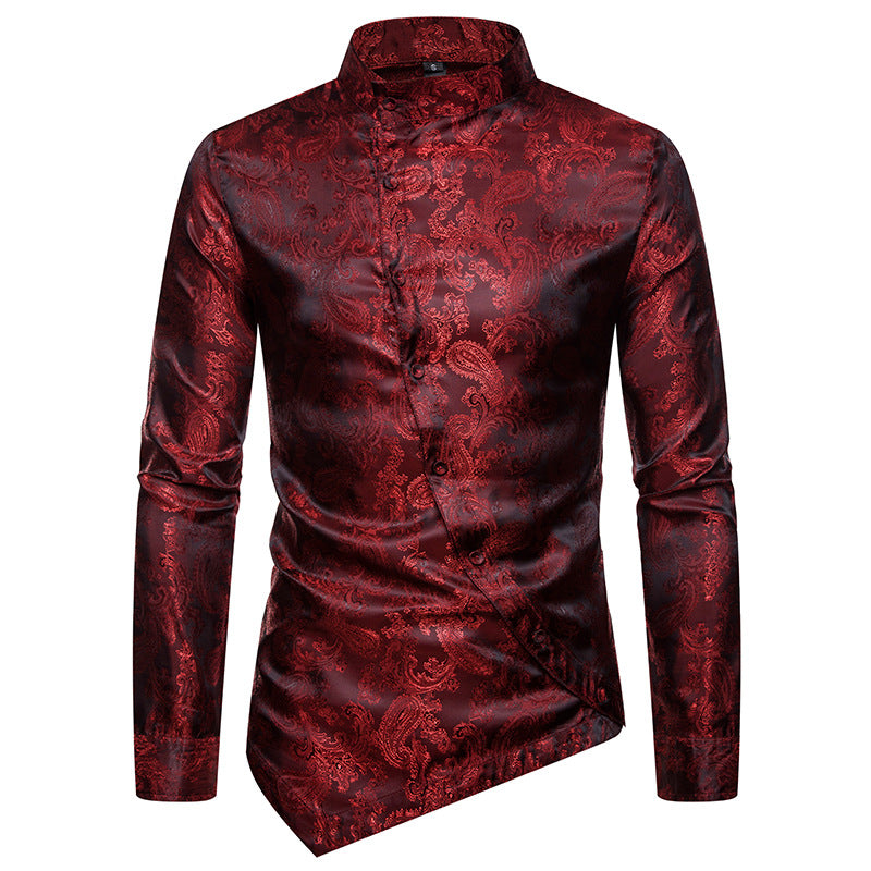 sanyamk Spring Autumn Irregular Shirts Men Dress Glossy Floral Printed Stand Collar Long Sleeve Camisa Social Shirts Male Streetwear XXL