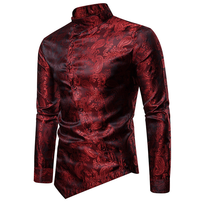 sanyamk Spring Autumn Irregular Shirts Men Dress Glossy Floral Printed Stand Collar Long Sleeve Camisa Social Shirts Male Streetwear XXL