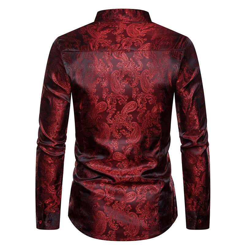 sanyamk Spring Autumn Irregular Shirts Men Dress Glossy Floral Printed Stand Collar Long Sleeve Camisa Social Shirts Male Streetwear XXL