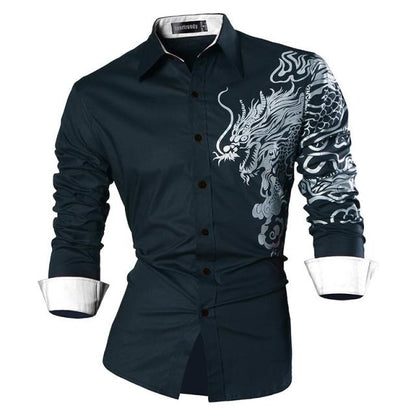 sanyamk Sportrendy Men&#39;s Shirt Dress Casual Long Sleeve Slim Fit Fashion Dragon Stylish JZS041