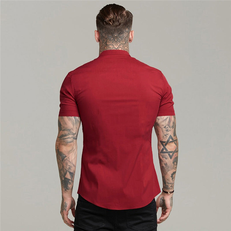 sanyamk New Arrivals Summer Man Short Sleeve Shirt Solid Fitness Mens Stand Collar Super Slim Fit Business Dress Shirt Button Gym Tops