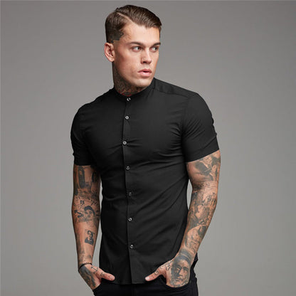 sanyamk New Arrivals Summer Man Short Sleeve Shirt Solid Fitness Mens Stand Collar Super Slim Fit Business Dress Shirt Button Gym Tops