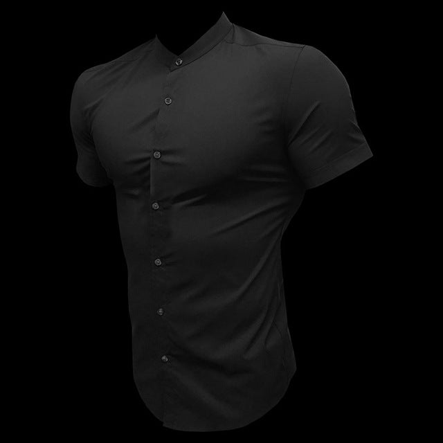 sanyamk New Summer Men Fashion Short Sleeve Solid Shirt Slim Fit Male Social Business Dress Shirt Brand Mens Gym Fitness Sports Clothing