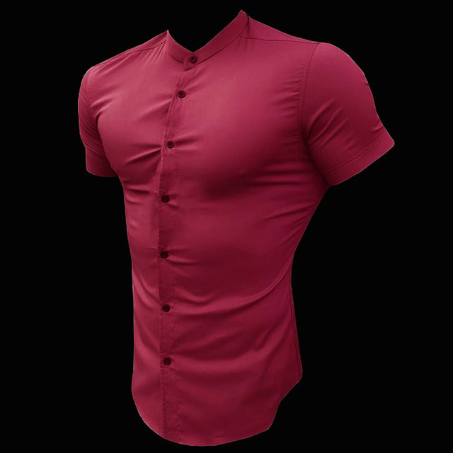 sanyamk New Summer Men Fashion Short Sleeve Solid Shirt Slim Fit Male Social Business Dress Shirt Brand Mens Gym Fitness Sports Clothing