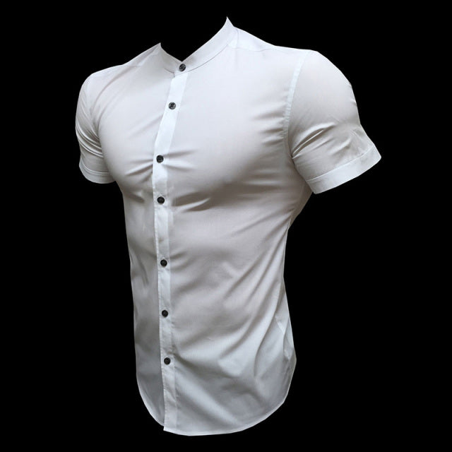 sanyamk New Summer Men Fashion Short Sleeve Solid Shirt Slim Fit Male Social Business Dress Shirt Brand Mens Gym Fitness Sports Clothing