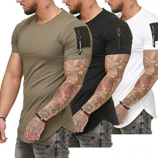 sanyamk Short Sleeve Zipper Shoulder Streetwear Hip Hop Summer T Shirt Men Longline Curved Hem Tshirt Slim Funny T-Shirt Plus Size M-3XL