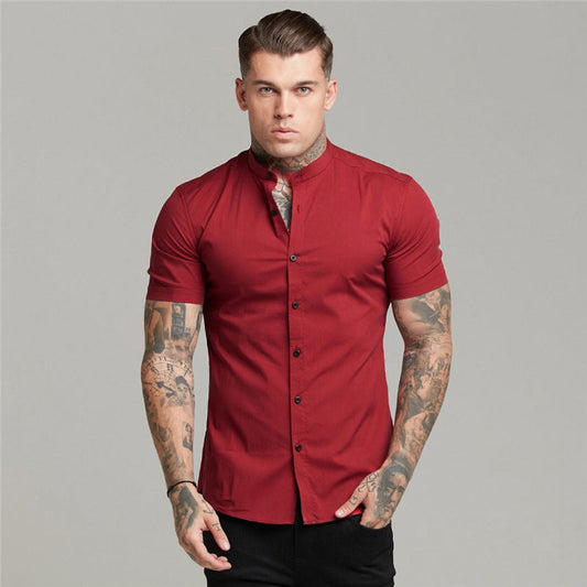 sanyamk New Arrivals Summer Man Short Sleeve Shirt Solid Fitness Mens Stand Collar Super Slim Fit Business Dress Shirt Button Gym Tops