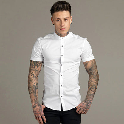 sanyamk New Summer Men Fashion Short Sleeve Solid Shirt Slim Fit Male Social Business Dress Shirt Brand Mens Gym Fitness Sports Clothing