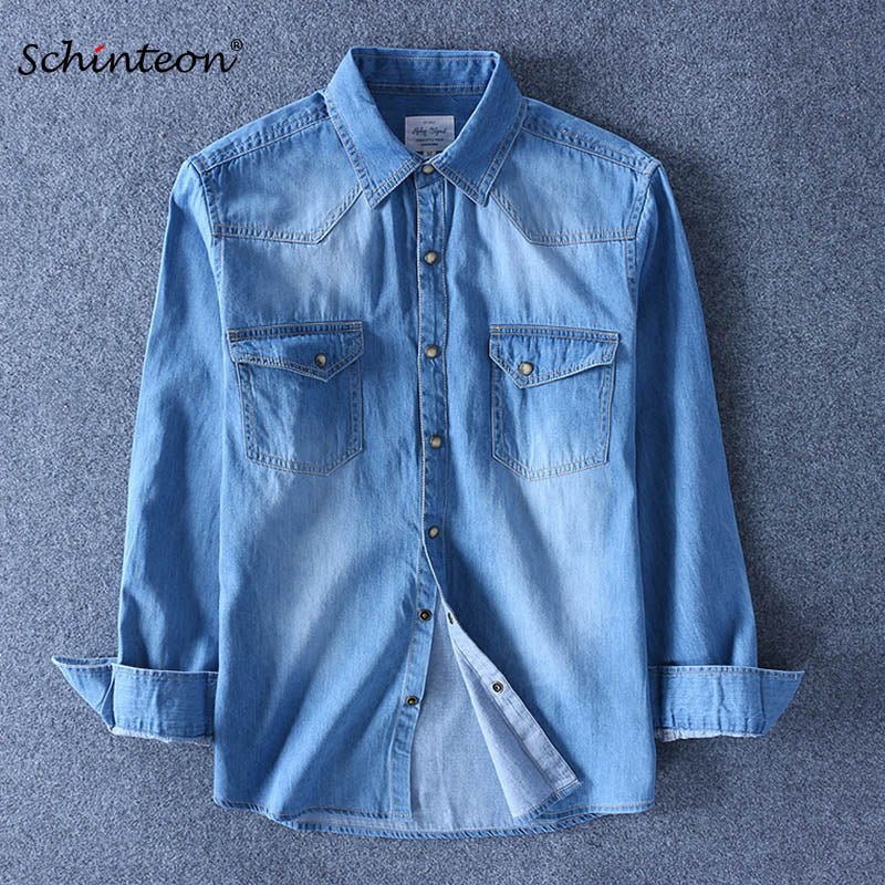 sanyamk Spring Autumn Men Denim Thin Shirt Long Sleeve Soft 100% Cotton Two Pockets Slim Slight Elastic Jeans Cowboy 4XL