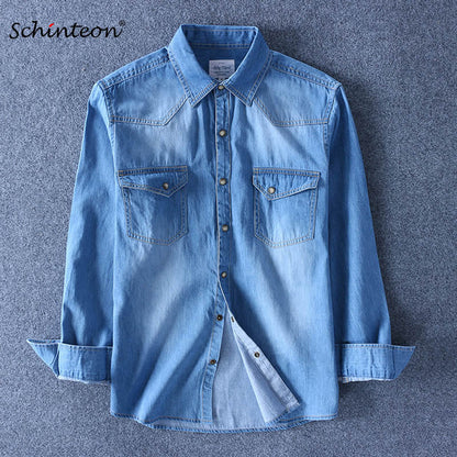 sanyamk Spring Autumn Men Denim Thin Shirt Long Sleeve Soft 100% Cotton Two Pockets Slim Slight Elastic Jeans Cowboy 4XL