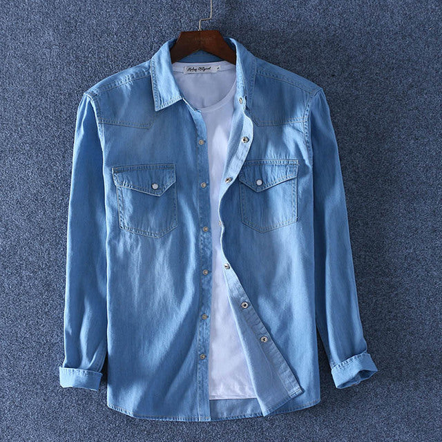 sanyamk Spring Autumn Men Denim Thin Shirt Long Sleeve Soft 100% Cotton Two Pockets Slim Slight Elastic Jeans Cowboy 4XL