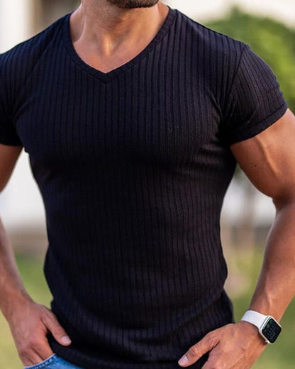 sanyamk Men V Neck Short Sleeve T Shirt Fitness Slim Fit Sports Strips T-shirt Male Solid Fashion Tees Tops Summer Knitted Gym Clothing