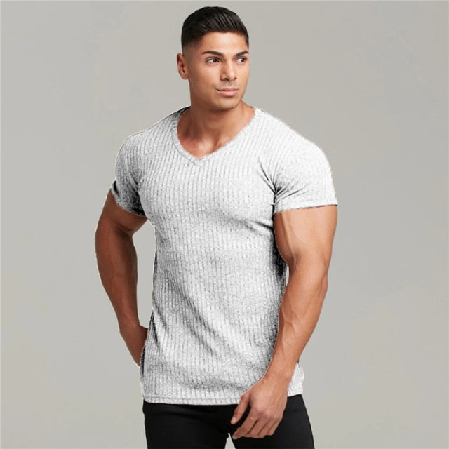 sanyamk Men V Neck Short Sleeve T Shirt Fitness Slim Fit Sports Strips T-shirt Male Solid Fashion Tees Tops Summer Knitted Gym Clothing