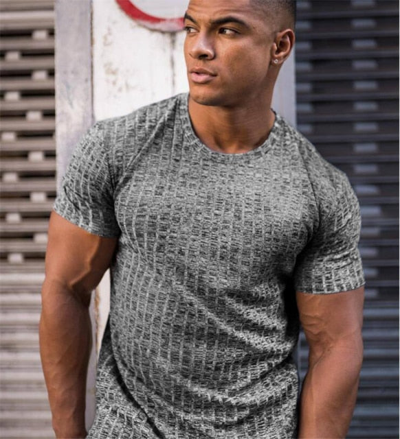 sanyamk Men V Neck Short Sleeve T Shirt Fitness Slim Fit Sports Strips T-shirt Male Solid Fashion Tees Tops Summer Knitted Gym Clothing