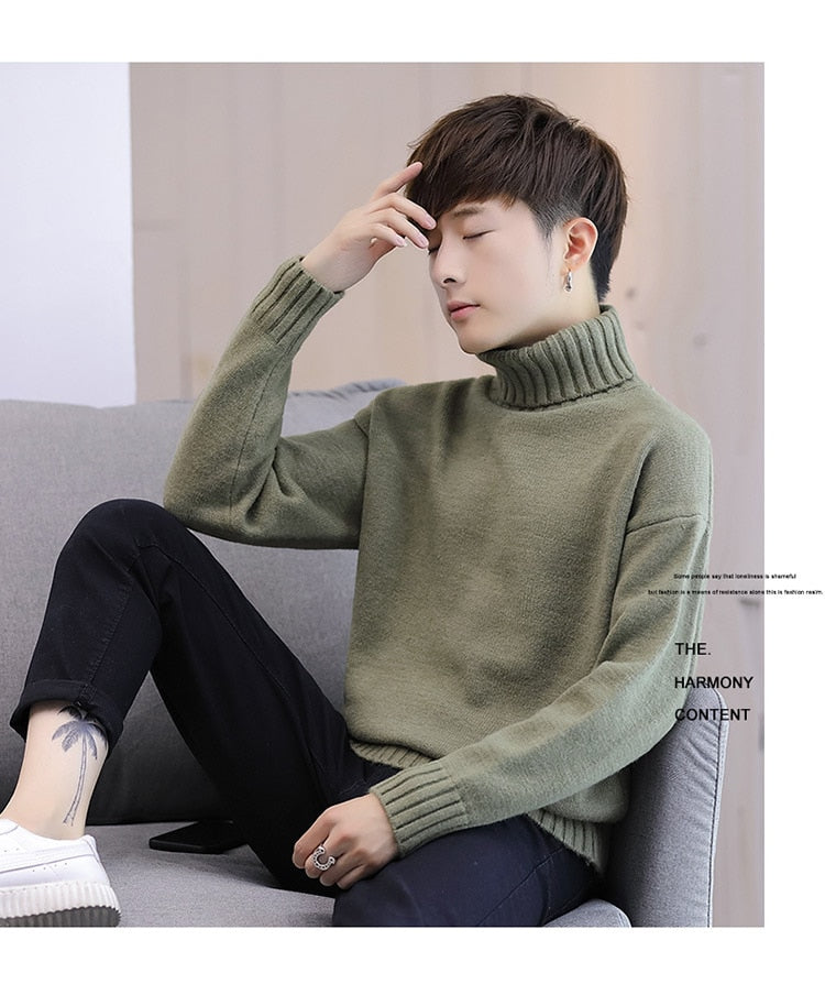 sanyamk Winter Men&#39;s New Turtleneck Sweater Korean Knit Shirt Men&#39;s Youth Turtleneck Sweater Shirt Solid Color