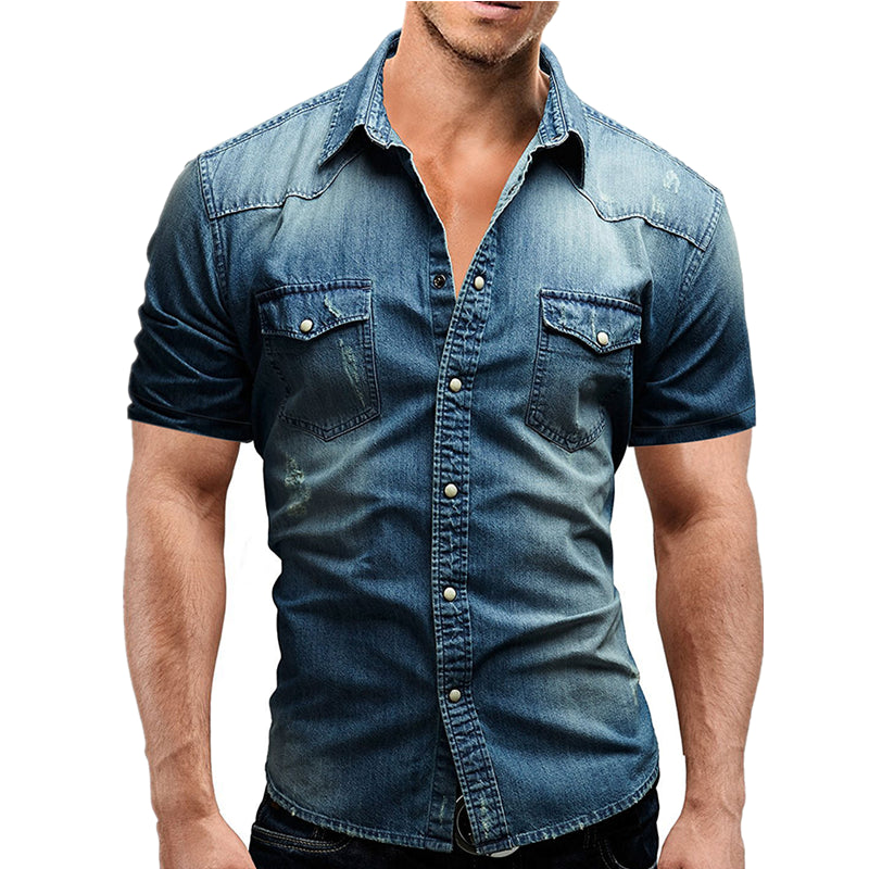 sanyamk Men Spring Summer Denim Thin Shirt Short Sleeve Soft Cotton Two Pockets Slim Slight Elastic Jeans Cowboy Shirt Clothing