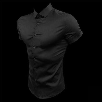 sanyamk New Summer Men Fashion Short Sleeve Solid Shirt Slim Fit Male Social Business Dress Shirt Brand Mens Gym Fitness Sports Clothing